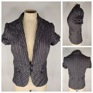 Stooshy Sz L Jacket Top Black Pinstripes Short Sleeve Lined Fitted Blazer